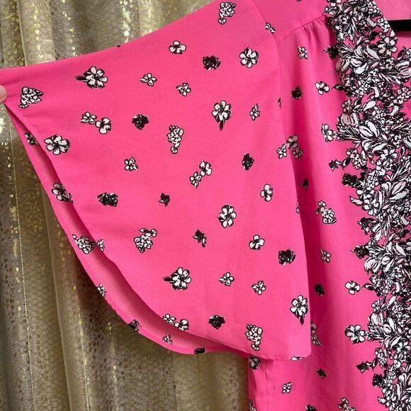 Express Bright Neon Hot Pink Black Floral Blouse, Large - Picture 5 of 6